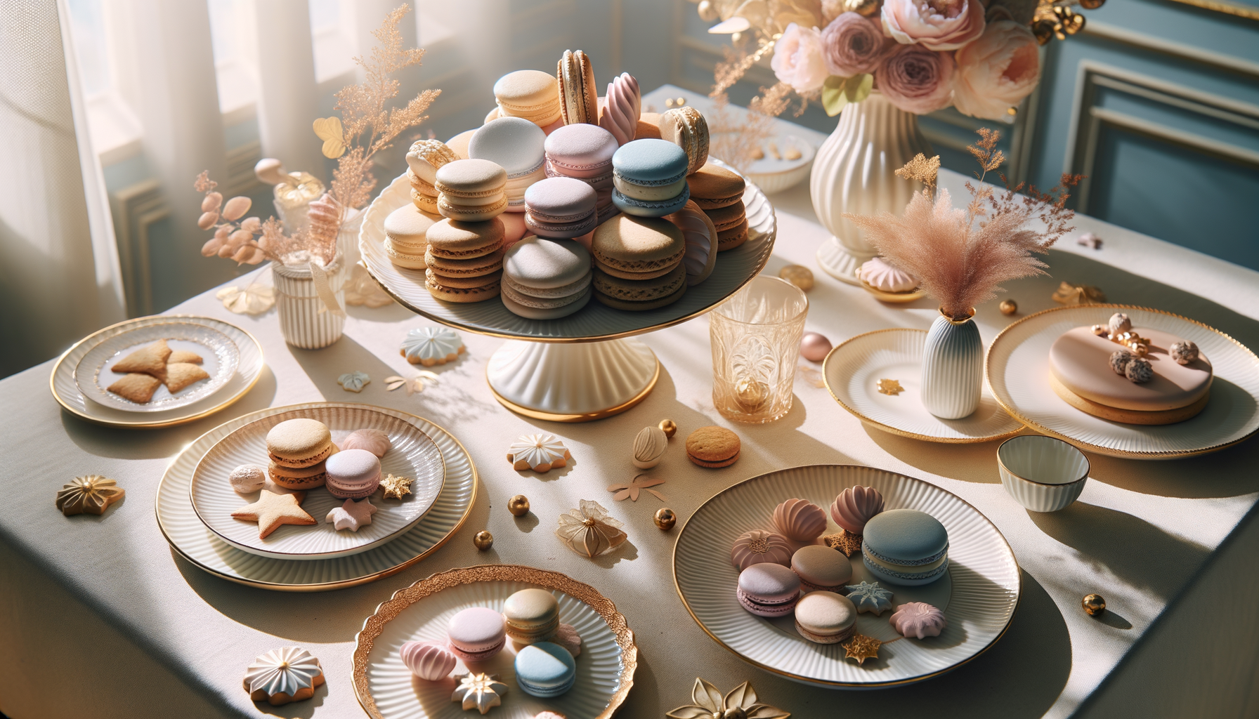handcrafted cookies and macarons on porcelain plates in soft pastel and gold light