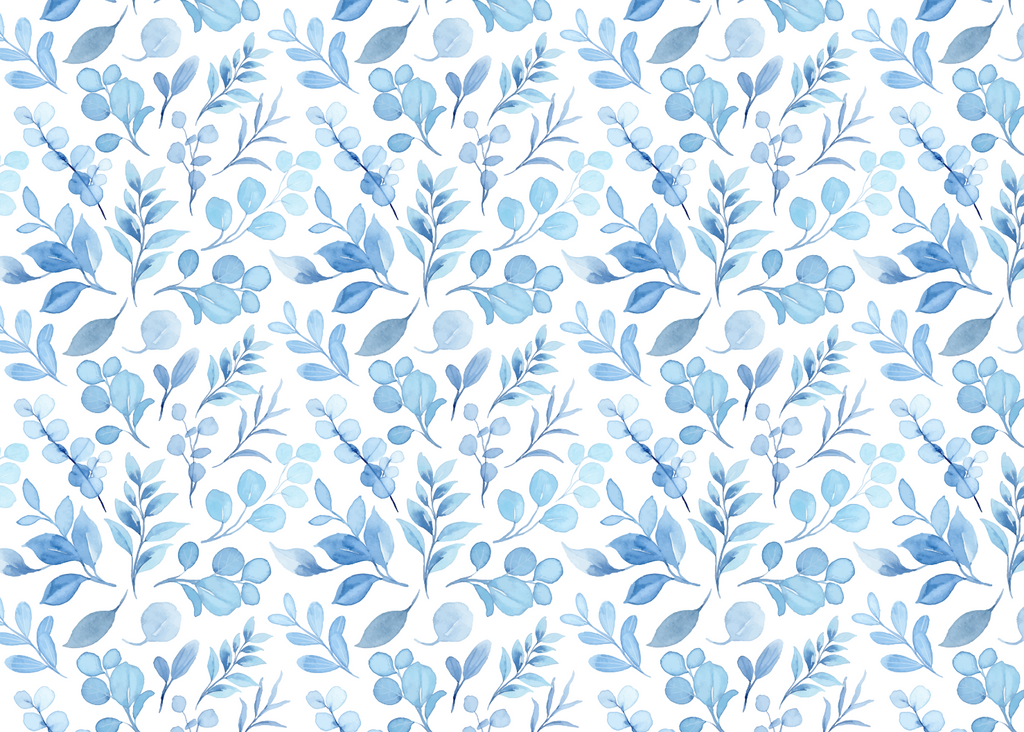 Pattern of blue leaves on a white background