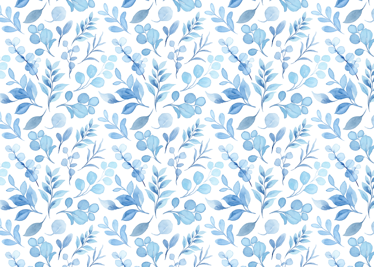 Pattern of blue leaves on a white background
