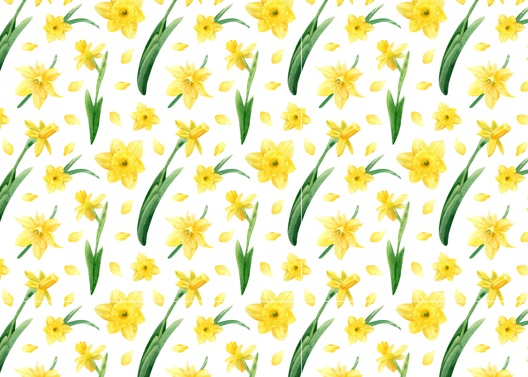 Pattern of yellow daffodils and green leaves on a white background
